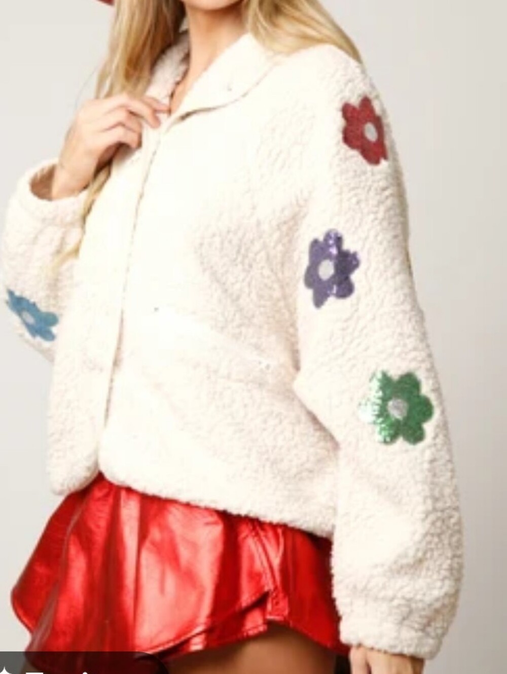 Peach Love California Cream Teddy Jacket with Sequin Flower Patches